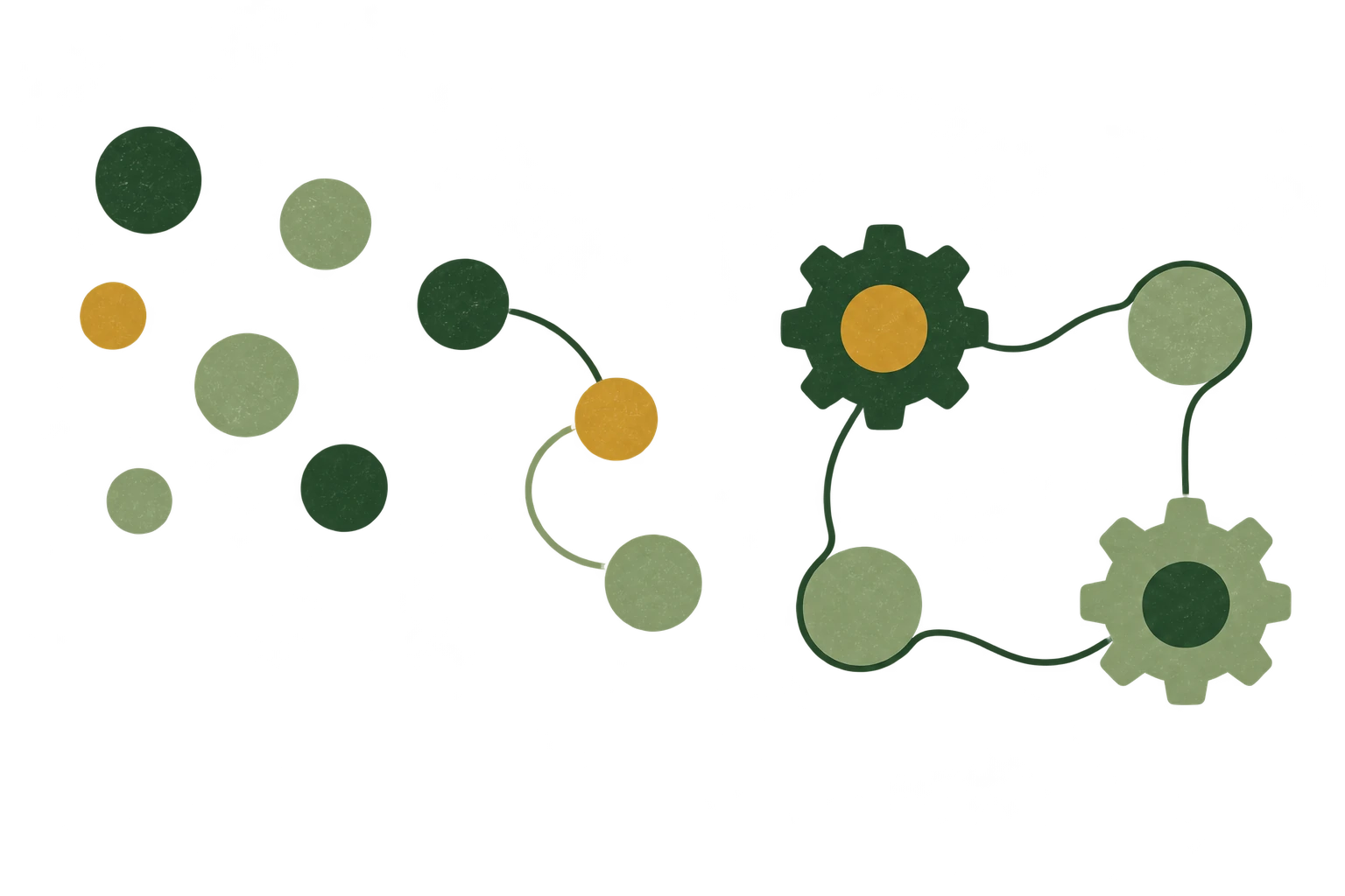 Scattered green, sage and gold circles become a connected system of circles and cogs.